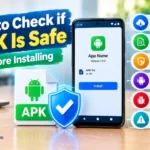 Android smartphone displaying an APK installation screen with a security shield and checkmark, illustrating how to check APK safety through download source, file verification, permissions, compatibility, malware scanning, and warning detection.